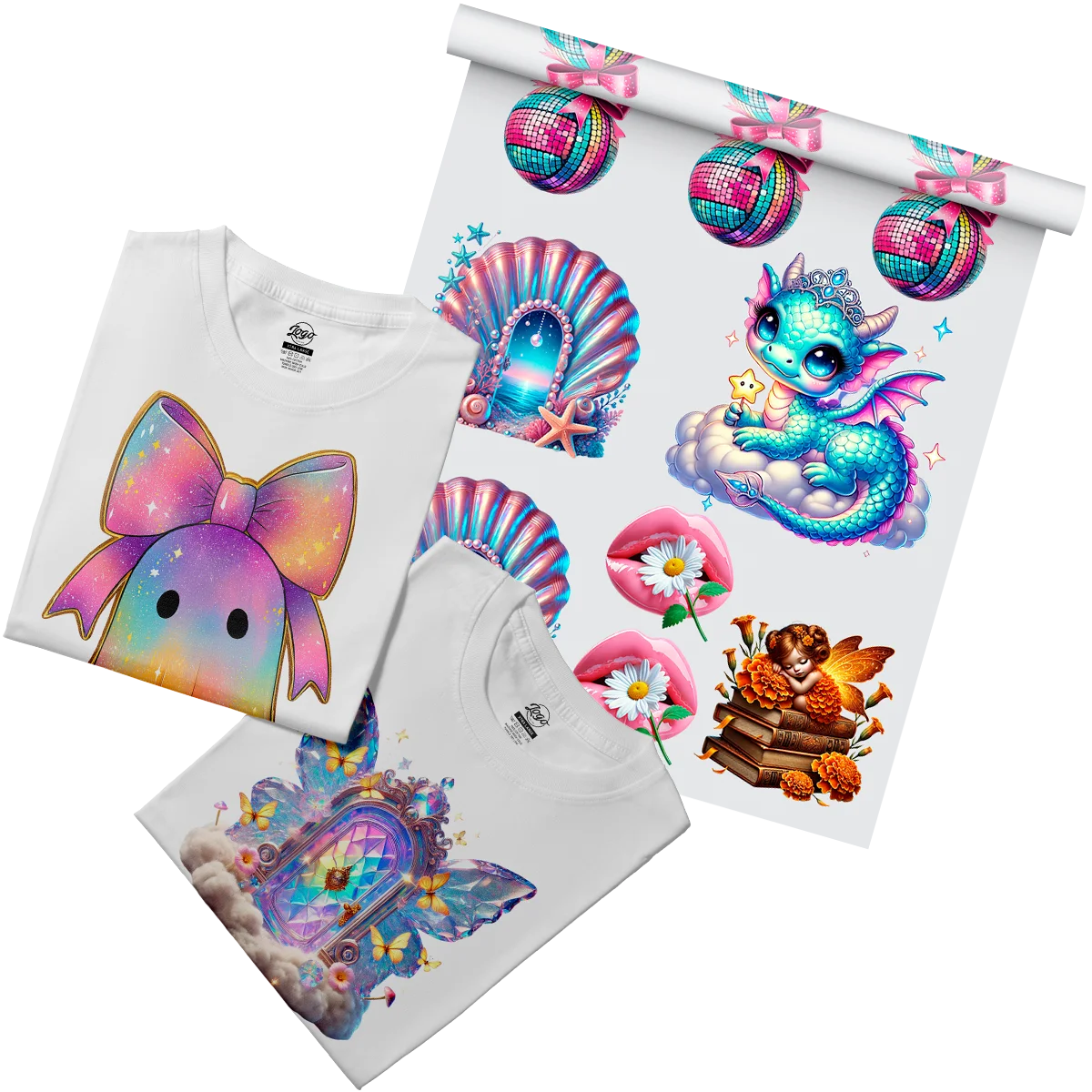 Custom DTF glitter transfers with a variety of sparkling, high-quality designs. Perfect for adding glitter graphics to t-shirts, hoodies, and more, available for fast shipping from Miami, Florida.