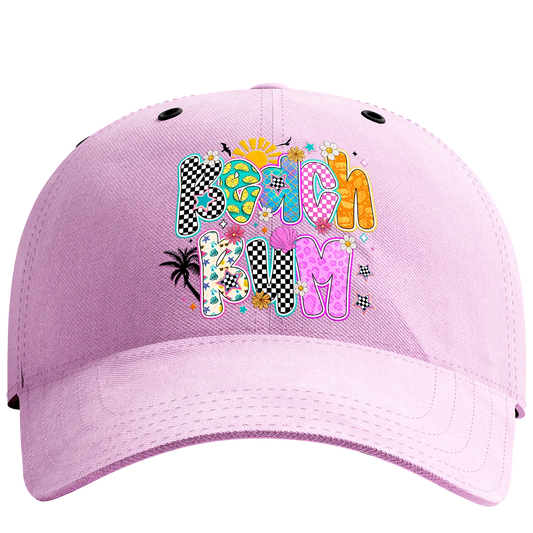 Pink cap with a vibrant, tropical "Beach Bum" design, printed with high-quality DTF technology right here in Miami.
