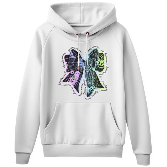 White hoodie with a custom, glowing fluorescent DTF print of a Halloween bow. This design is perfect for adding a bright, unique style from our Miami-based DTF company.