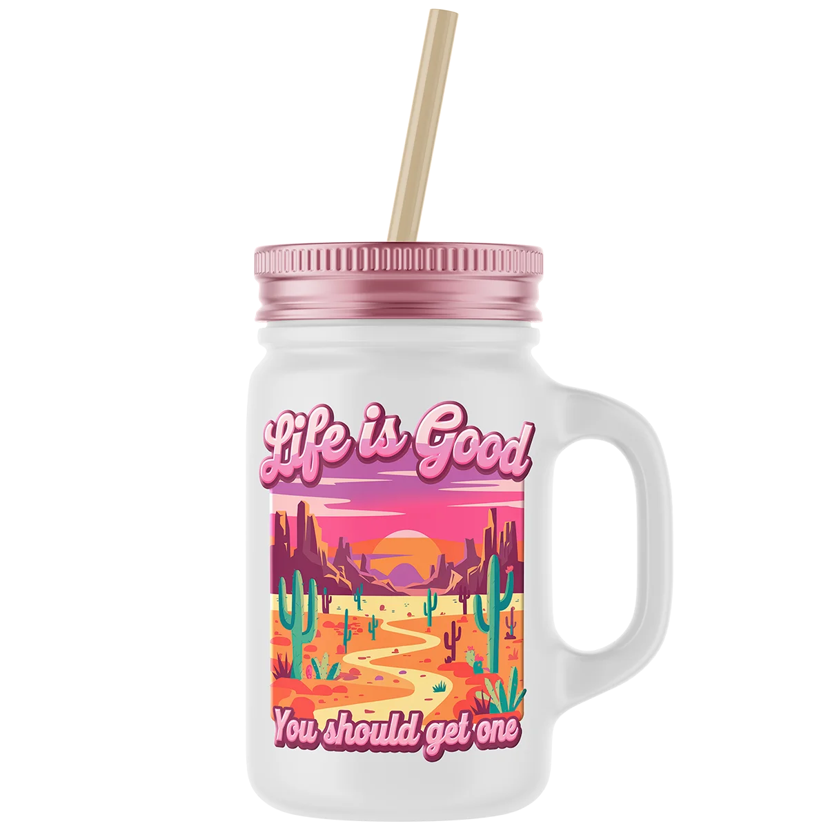 Custom DTF printed mason jar mug with a vibrant desert landscape graphic. This durable and unique print is perfect for creating personalized gifts and merchandise in Miami, Florida.