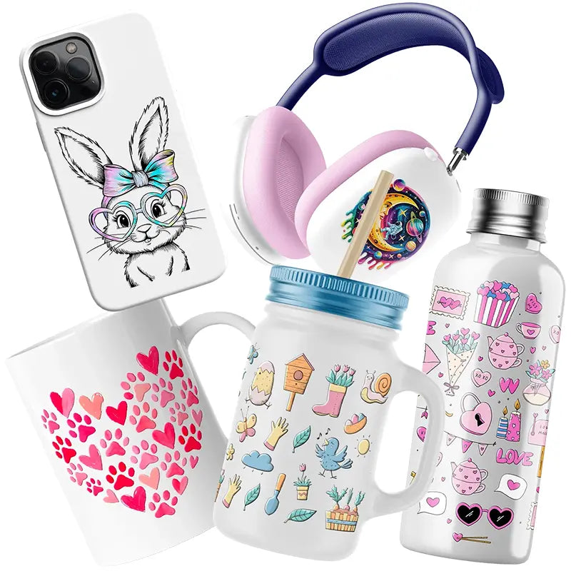 A variety of everyday lifestyle products featuring vibrant UV DTF transfers. The image includes a white phone case with a stylish bunny illustration, a coffee mug decorated with a heart made of pink paw prints, and a mason jar and water bottle covered in detailed, colorful garden and Valentine-themed stickers. Also shown are over-ear headphones with a celestial moon-and-space decal, showcasing the versatility of UV DTF stickers on plastic, ceramic, and metal surfaces.