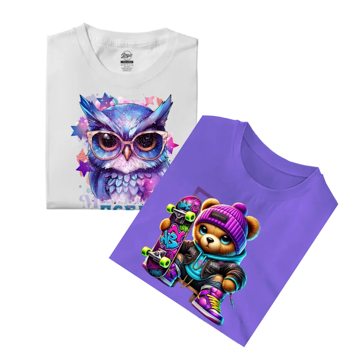 A white t-shirt with a starry owl print and a purple t-shirt with a skateboarding bear print. These are two examples of the custom DTF transfers available from DTF Transfers Miami.