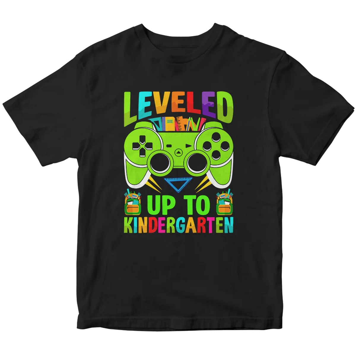 A black t-shirt with a custom DTF print of a bright green video game controller. The design includes the text "LEVELED UP TO KINDERGARTEN" in vibrant, multi-colored letters, showcasing high-quality DTF printing for unique and celebratory apparel in Miami.