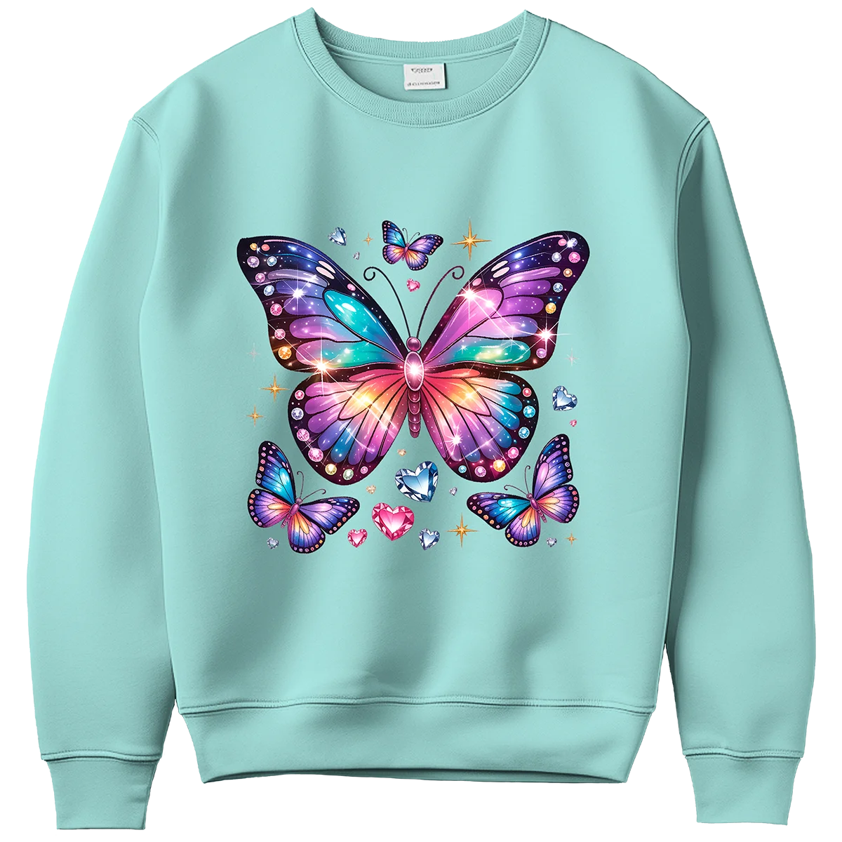 Light blue crewneck with a colorful, glittery DTF butterfly print. Custom DTF transfer made in Miami.