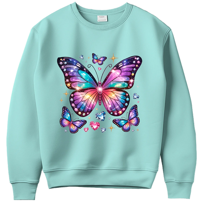 Light blue crewneck with a colorful, glittery DTF butterfly print. Custom DTF transfer made in Miami.