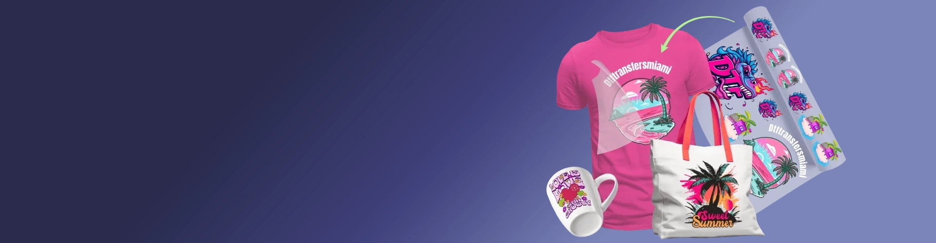 A collection of products customized with DTF transfers, including a hot pink t-shirt, a white tote bag, and a mug. The image highlights the versatility of DTF transfers from Miami.