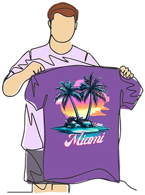 An illustration of a person holding a purple t-shirt with a vibrant, tropical DTF design. The graphic features two palm trees at sunset with the word "Miami" printed below.