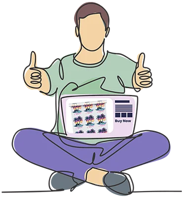 A line art drawing of a customer approving a purchase. The screen shows a variety of DTF transfers available for quick online order from our Miami store.