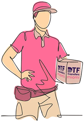 An illustration of a delivery person holding a box with the DTF Transfers Miami logo, symbolizing our fast and reliable shipping.