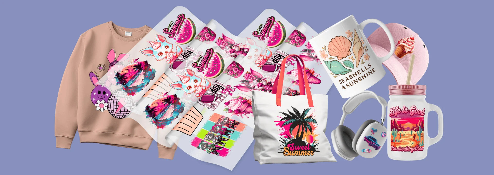 A visual display of custom DTF prints on various items. The image features a sweatshirt, a tote bag, and a mug alongside sheets of transfers, highlighting the range of products available at our Miami shop.