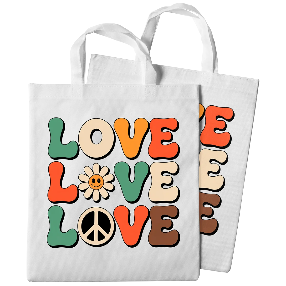 A pair of white tote bags with a custom DTF print. The design features the word 'LOVE' repeated three times in a retro, groovy font, with a smiling daisy and a peace sign. This showcases high-quality DTF printing for custom tote bags and merchandise in Miami.