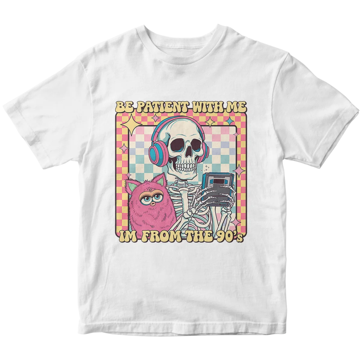 A white t-shirt with a custom DTF print featuring a retro 90s-themed graphic. The design shows a skeleton with headphones and a fluffy pink creature, with the text 'BE PATIENT WITH ME I'M FROM THE 90'S.' This showcases vibrant and durable custom t-shirt printing for nostalgic apparel in Miami.
