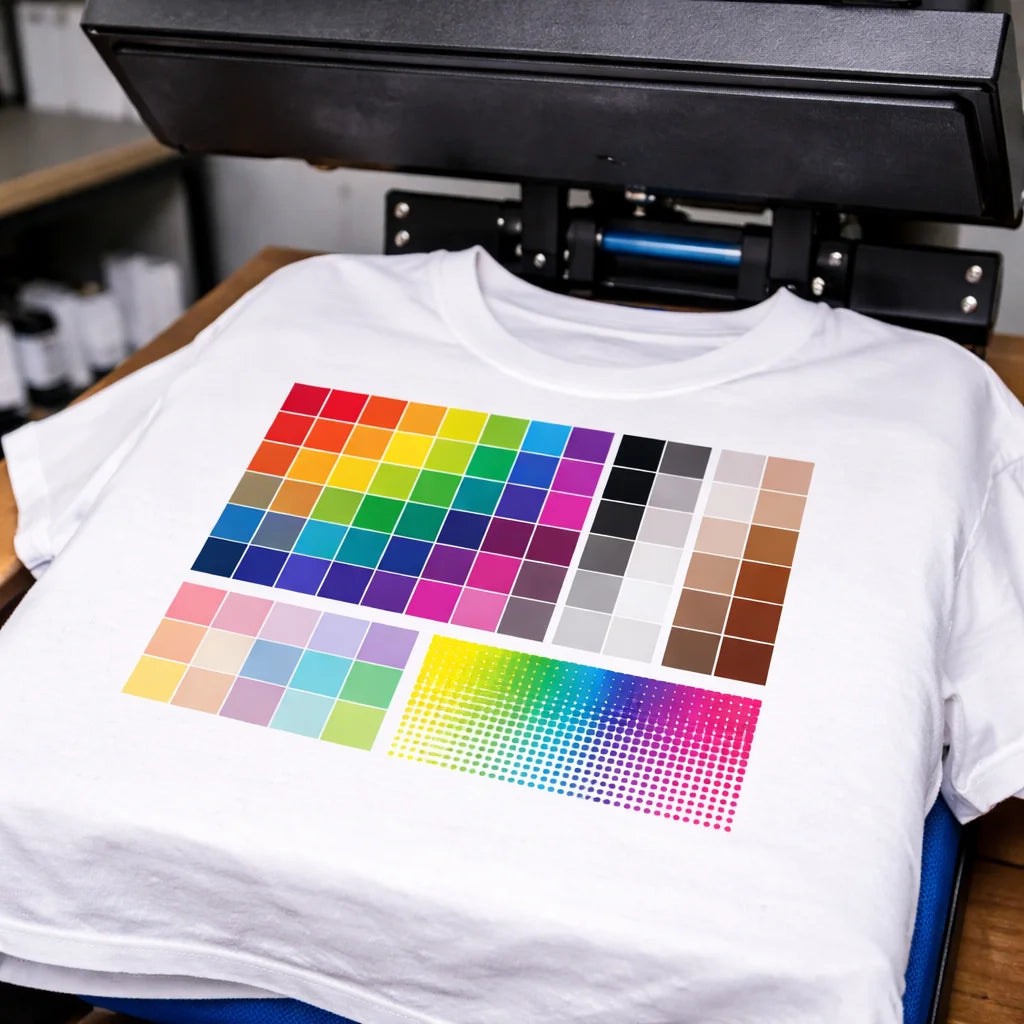 White T-shirt on an open heat press with a printed DTF color chart showing multiple color swatches, grayscale tones, skin tone samples, pastel shades, and a halftone gradient test.