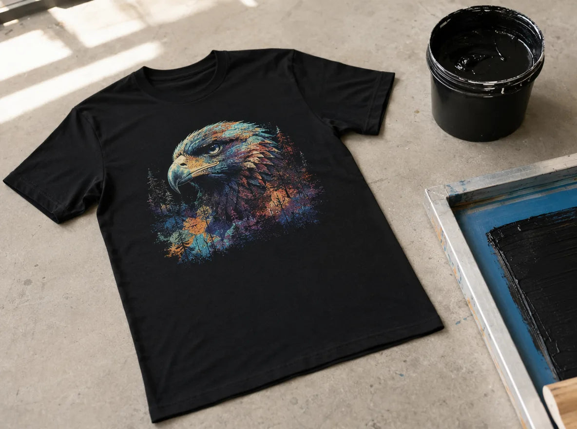 Black tee with a photorealistic gradient print next to screen supplies