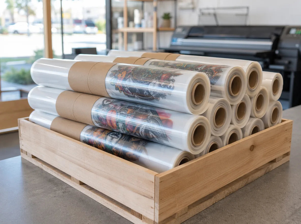 Rolled DTF sheets banded and ready for pickup