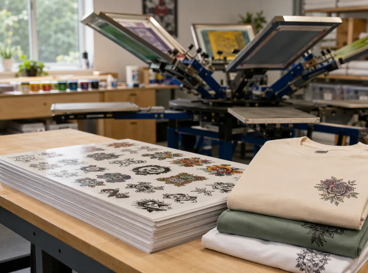 Screen print shop with a stack of DTF gang sheets on the worktable