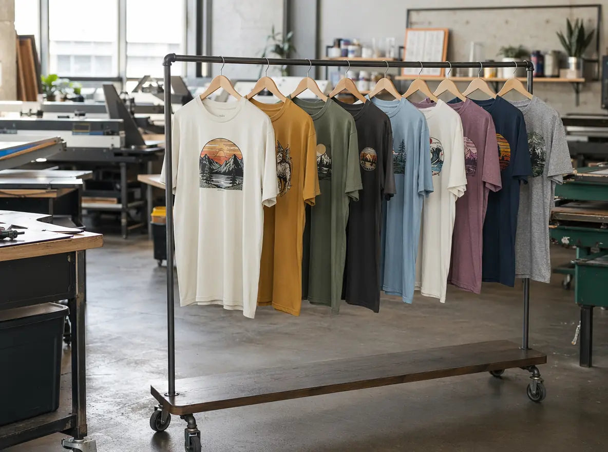 Rack of finished shirts in mixed colors with vivid chest prints