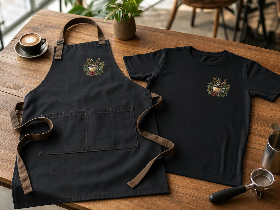 Barista apron and matching tee with the same emblem print