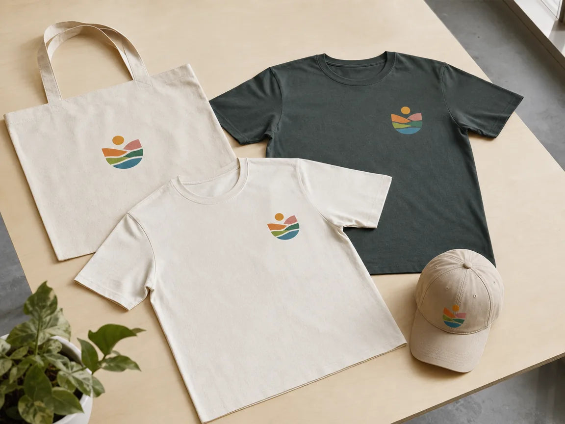 Merch flat lay: tees, tote and cap sharing one emblem design