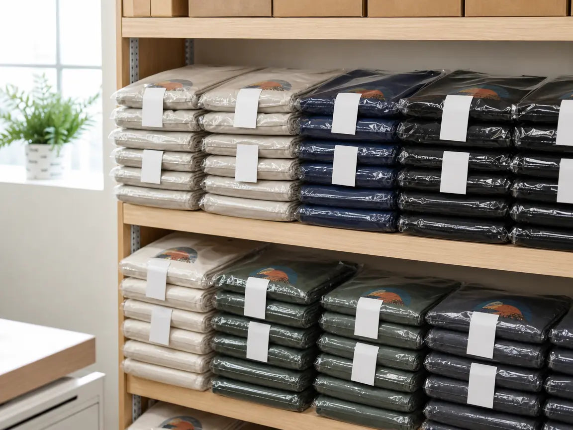 Uniform sets packed with size labels ready for handout