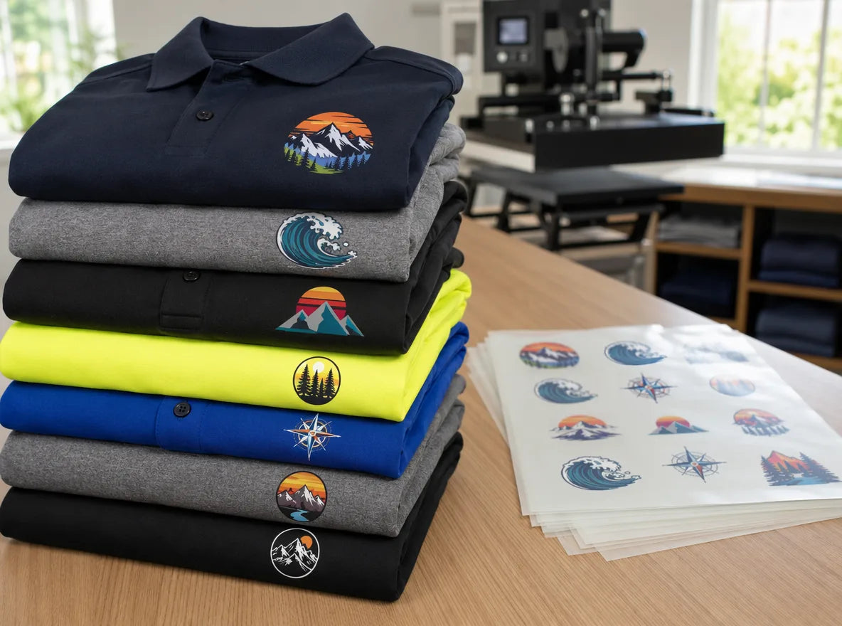Folded staff uniforms with left-chest emblems next to DTF sheets