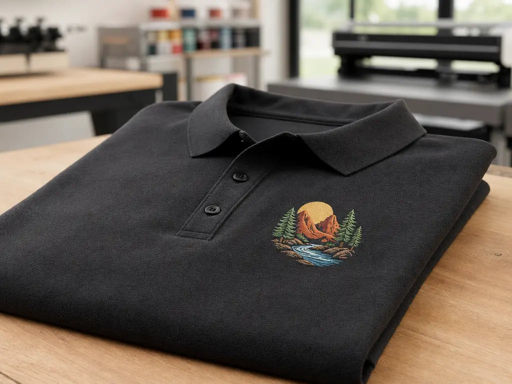 Close-up of a small emblem print on a charcoal polo