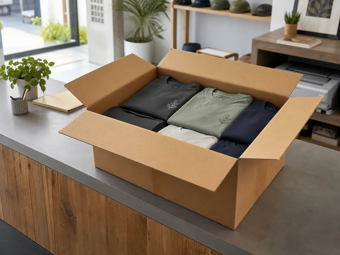 Kraft box of folded staff tees on a reception counter