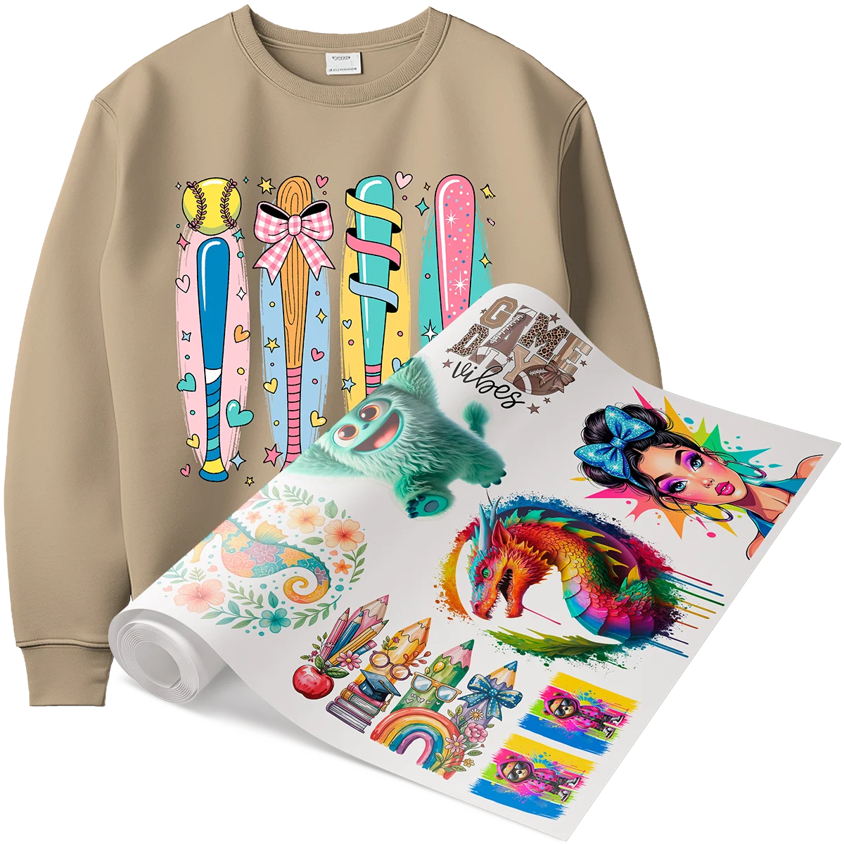A tan sweatshirt with a custom DTF flexible peel print of a baseball and colorful bats, shown next to a roll of transfers featuring whimsical designs like a dragon, chameleon, and a cute monster. This showcases the soft, flexible feel of DTF prints on custom apparel in Miami.