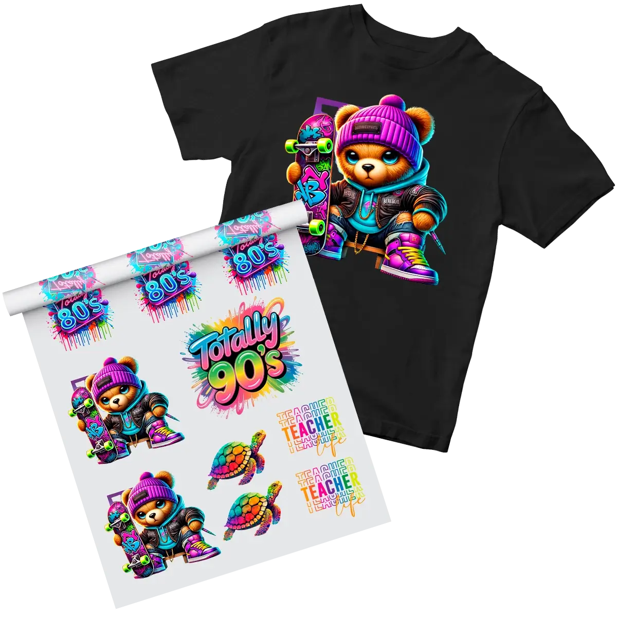 Black t-shirt with a fluorescent DTF print of a cartoon bear on a skateboard, alongside a transfer sheet with the bear design and other bright 80s/90s graphics, highlighting the vibrant fluorescent DTF printing capabilities for custom apparel in Miami.