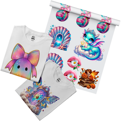 Custom DTF glitter transfers with a variety of sparkling, high-quality designs. Perfect for adding glitter graphics to t-shirts, hoodies, and more, available for fast shipping from Miami, Florida.