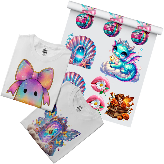 Custom DTF glitter transfers with a variety of sparkling, high-quality designs. Perfect for adding glitter graphics to t-shirts, hoodies, and more, available for fast shipping from Miami, Florida.