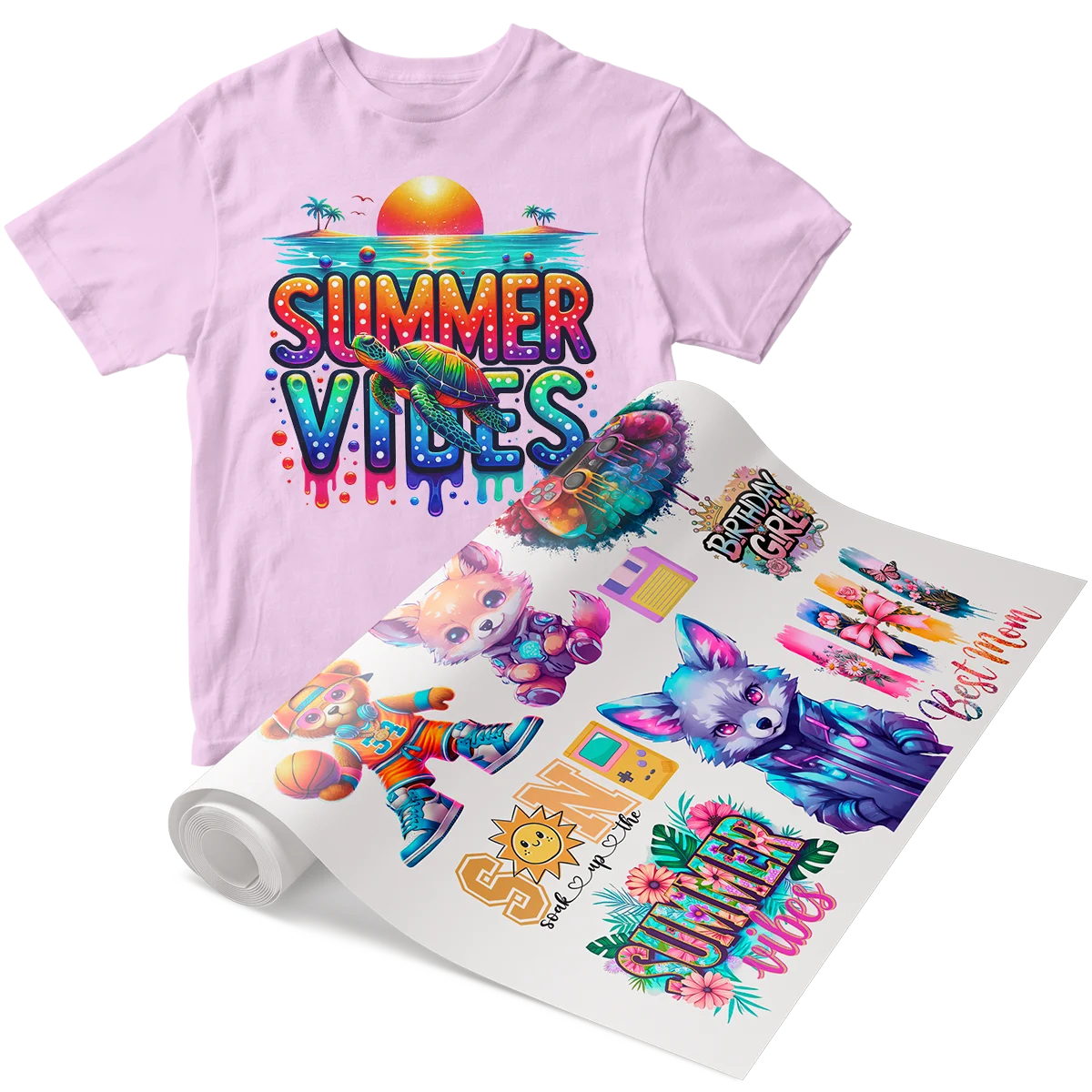 Pink t-shirt with a vibrant 'Summer Vibes' design next to a roll of colorful DTF hot peel transfers featuring similar summer themes and other graphics, showcasing easy customization for apparel in Miami.