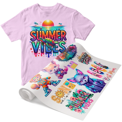 Pink t-shirt with a vibrant 'Summer Vibes' design next to a roll of colorful DTF hot peel transfers featuring similar summer themes and other graphics, showcasing easy customization for apparel in Miami.