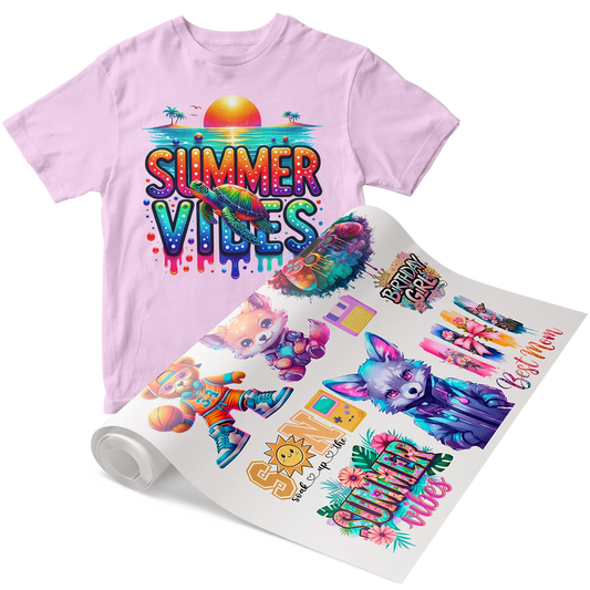 Pink t-shirt with a vibrant 'Summer Vibes' design next to a roll of colorful DTF hot peel transfers featuring similar summer themes and other graphics, showcasing easy customization for apparel in Miami.