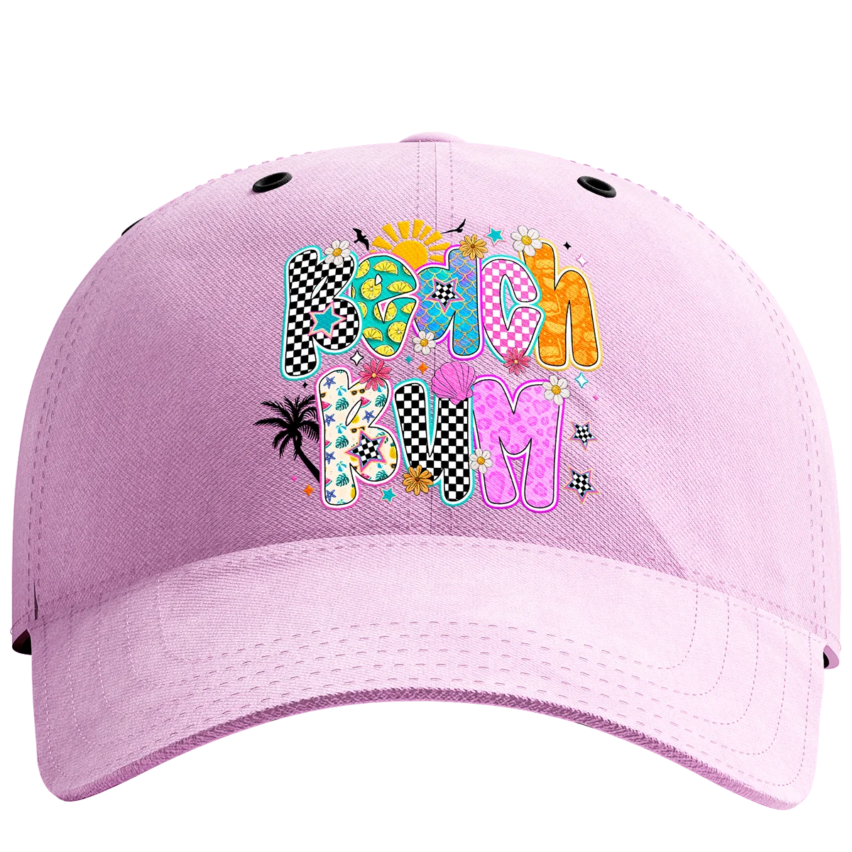 Pink cap with a vibrant, tropical "Beach Bum" design, printed with high-quality DTF technology right here in Miami.
