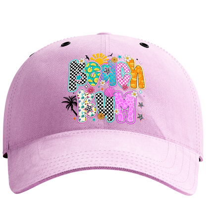 Pink cap with a vibrant, tropical "Beach Bum" design, printed with high-quality DTF technology right here in Miami.
