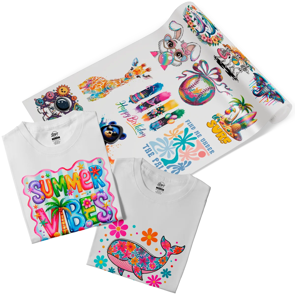 Custom DTF transfers and t-shirts with rich, colorful designs like a giraffe, a whale, and a 'SUMMER VIBES' graphic. These high-quality prints are perfect for creating custom apparel with exceptional color depth and detail in Miami, Florida.