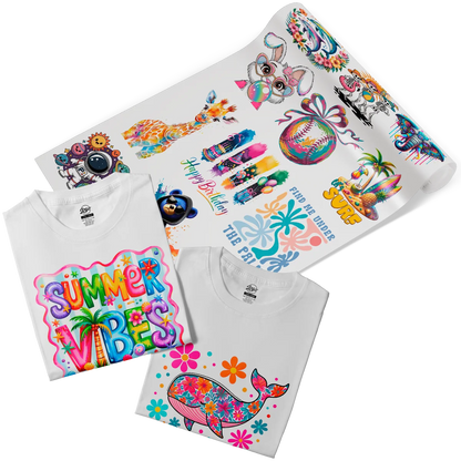 Custom DTF transfers and t-shirts with rich, colorful designs like a giraffe, a whale, and a 'SUMMER VIBES' graphic. These high-quality prints are perfect for creating custom apparel with exceptional color depth and detail in Miami, Florida.