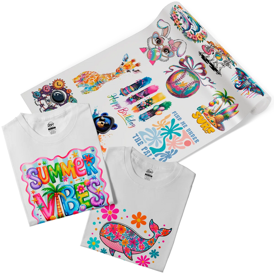 Custom DTF transfers and t-shirts with rich, colorful designs like a giraffe, a whale, and a 'SUMMER VIBES' graphic. These high-quality prints are perfect for creating custom apparel with exceptional color depth and detail in Miami, Florida.