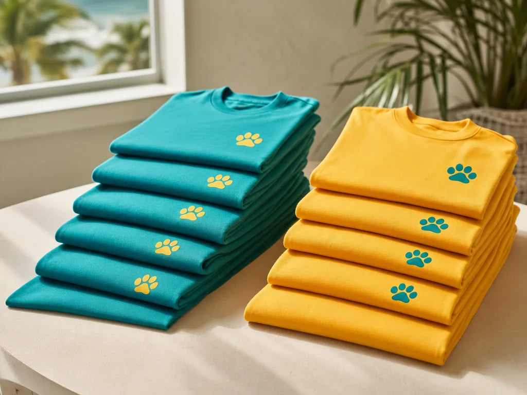 School spirit wear t-shirts in youth to adult sizes with a small paw mascot print, folded by size