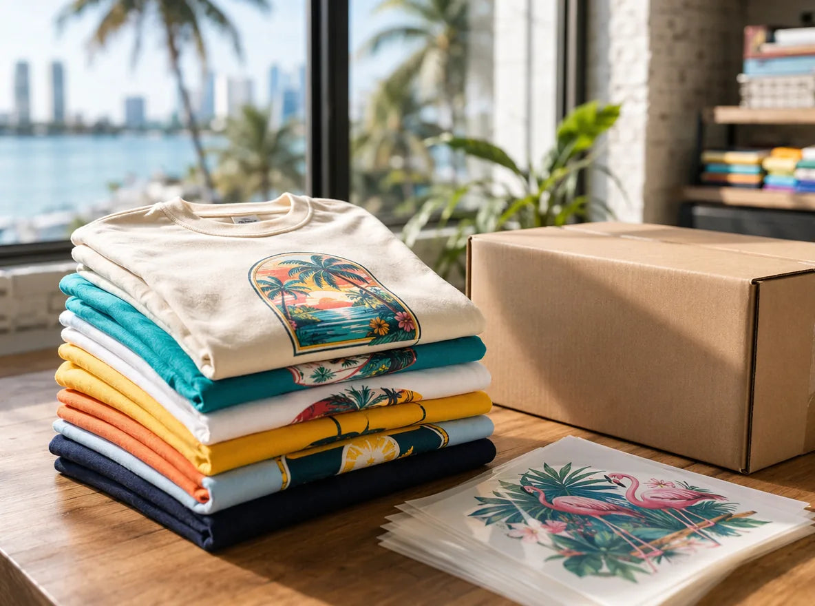 Stacked custom-printed shirts and DTF sheets ready to ship across Florida