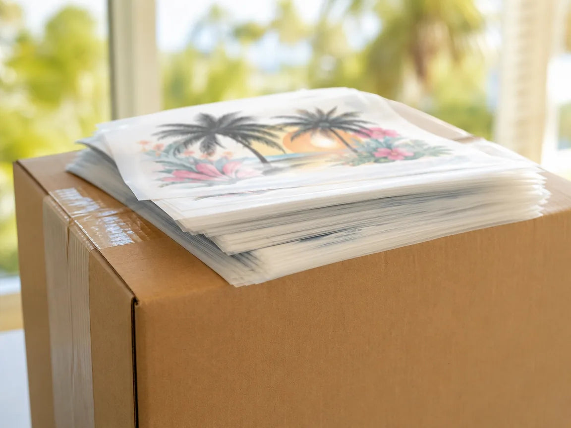 Kraft shipping box with DTF transfer sheets ready to ship statewide
