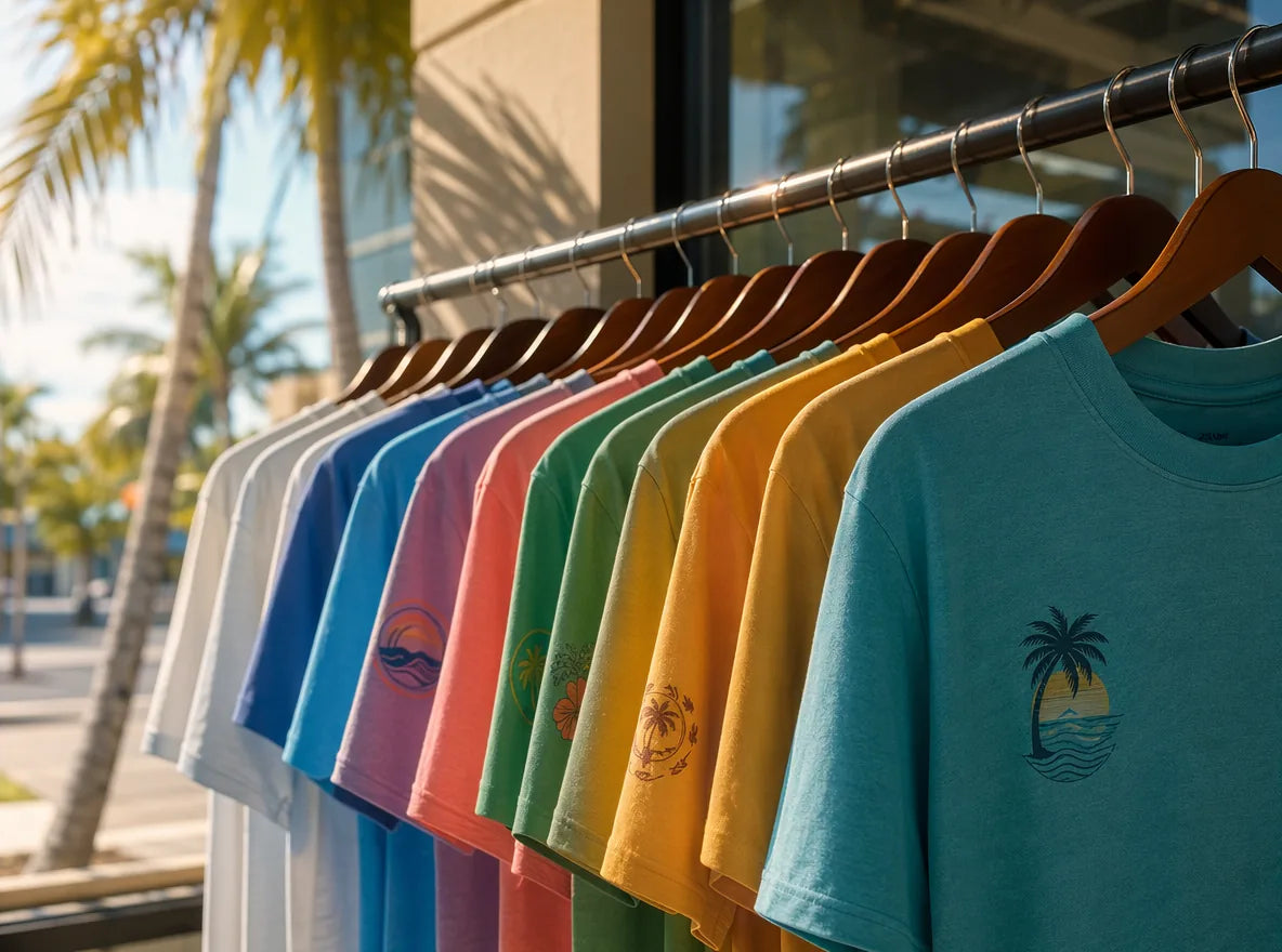 Rack of finished printed shirts, Florida pickup
