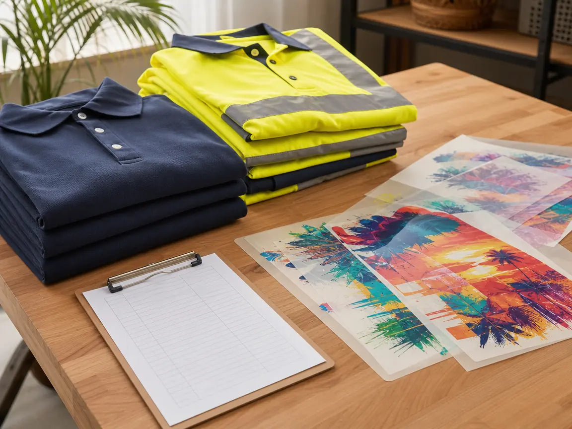 Folded navy logo polos and high-visibility safety shirts next to DTF transfer sheets and a reorder checklist