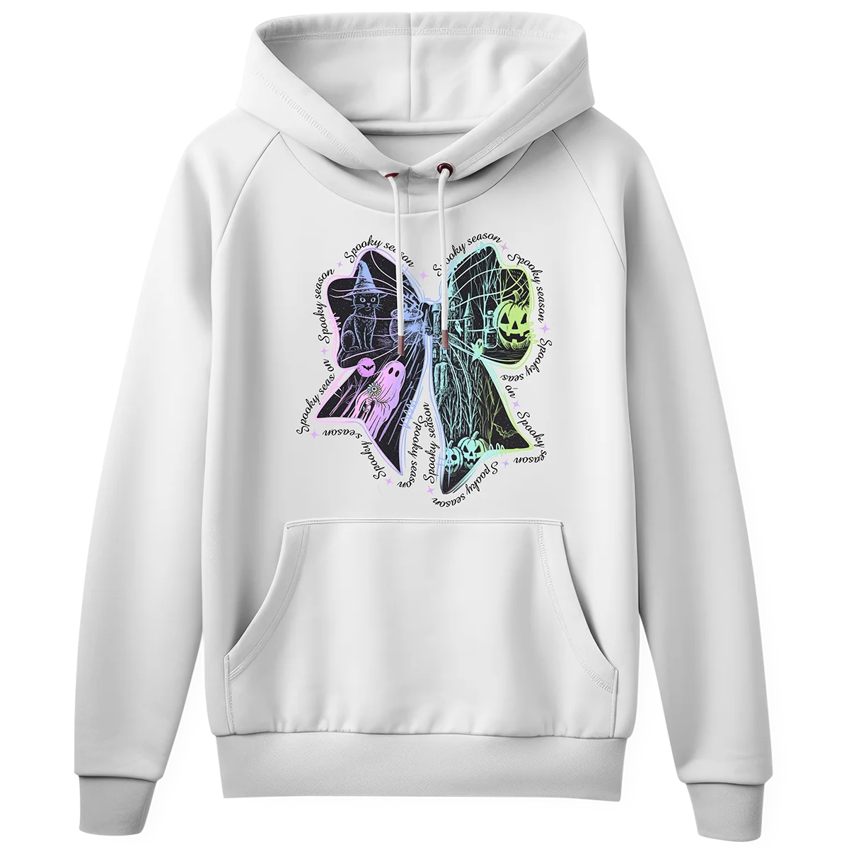 White hoodie with a custom, glowing fluorescent DTF print of a Halloween bow. This design is perfect for adding a bright, unique style from our Miami-based DTF company.