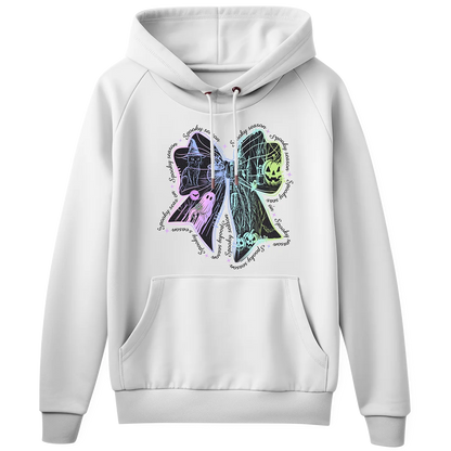White hoodie with a custom, glowing fluorescent DTF print of a Halloween bow. This design is perfect for adding a bright, unique style from our Miami-based DTF company.