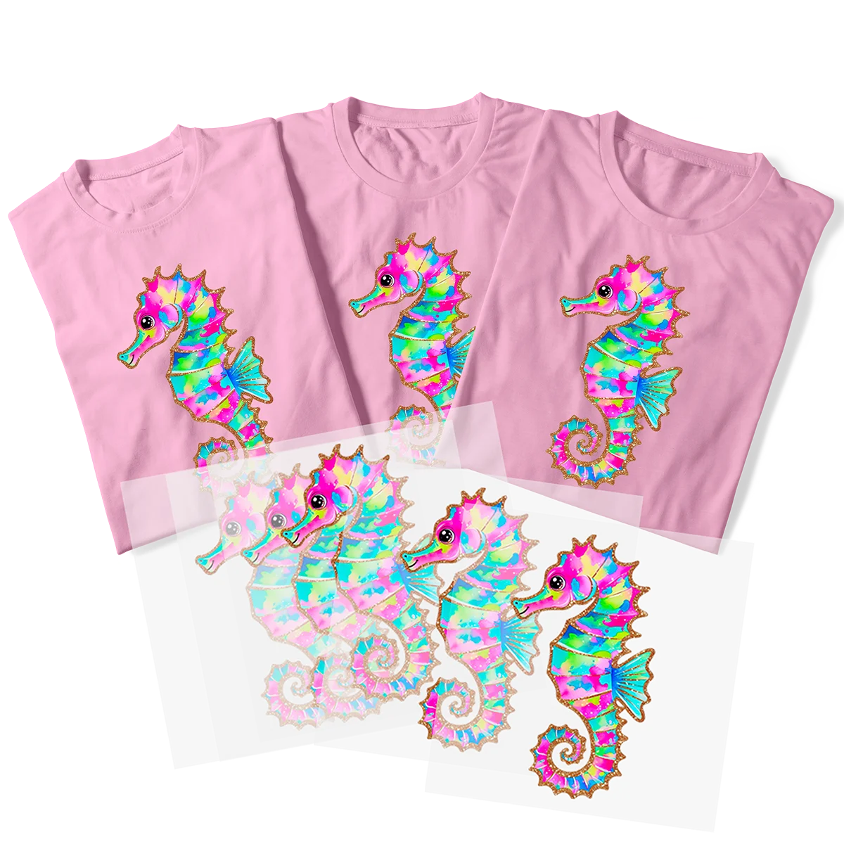 Three pink t-shirts with a custom DTF print of a colorful, psychedelic seahorse, shown with the transfer sheets used to apply the design. This showcases the vibrant colors and sharp detail of DTF printing, perfect for creating personalized beach-themed apparel in Miami.