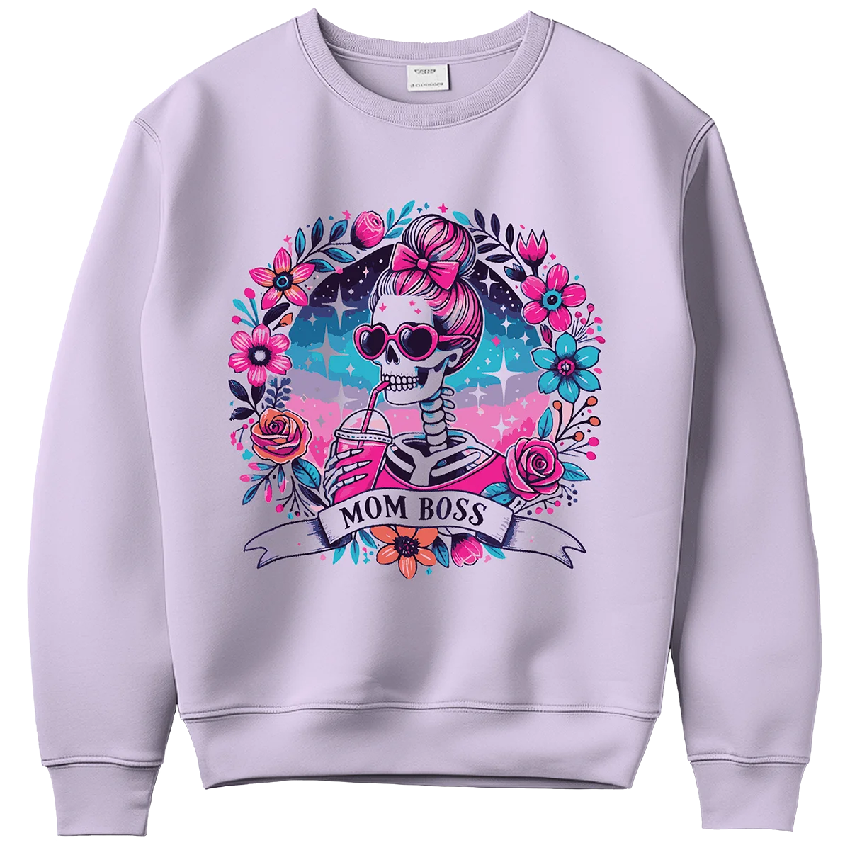 A light purple sweatshirt with a custom DTF print of a skeleton with a pink bow and sunglasses drinking from a straw. The design is framed by a floral wreath and a banner with 'MOM BOSS', showcasing high-quality DTF printing for personalized clothing in Miami.