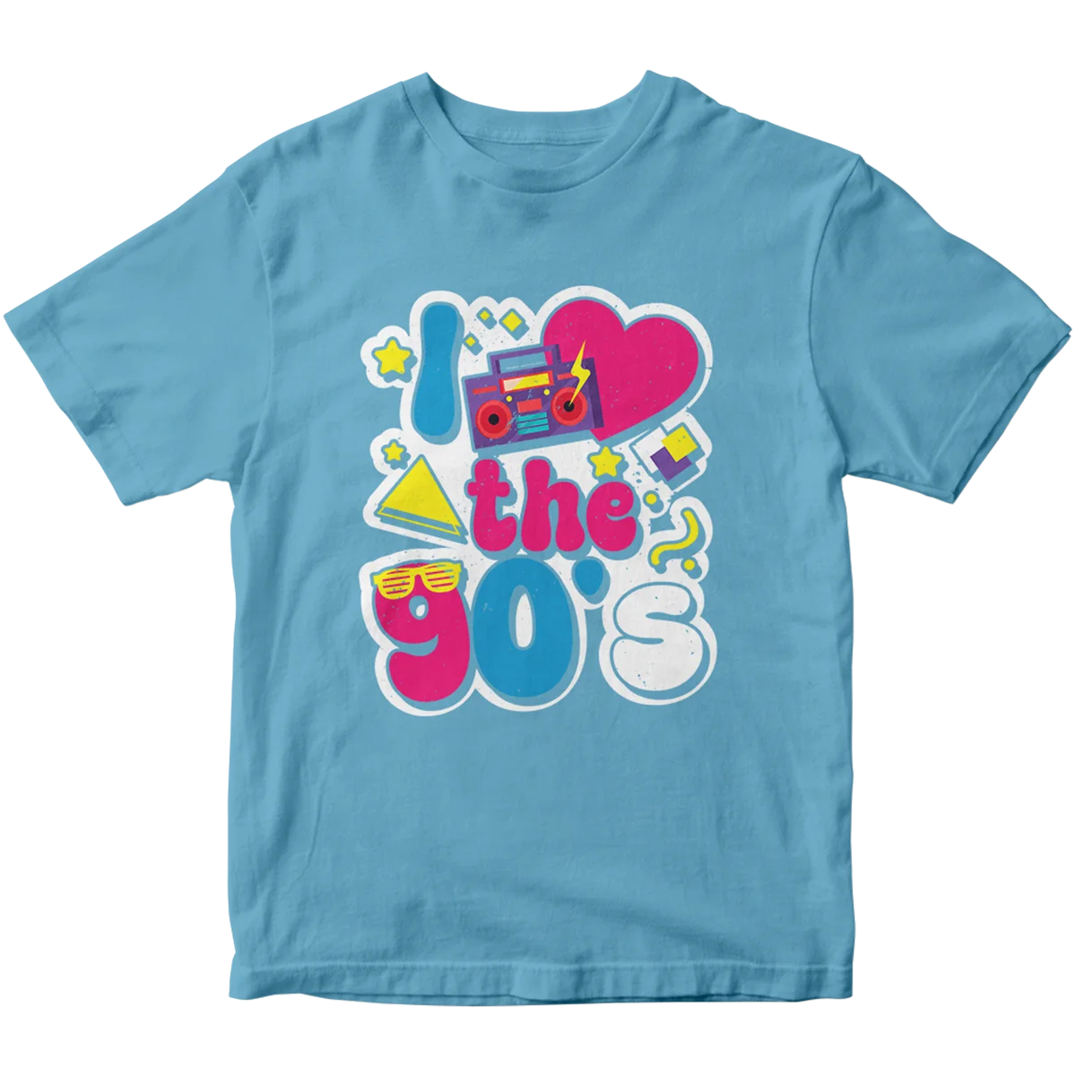  light blue t-shirt with a custom DTF print featuring a retro 'I love the 90's' graphic. The design includes a boombox, heart, and stars, perfect for creating nostalgic apparel with high-quality printing in Miami.