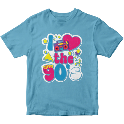 light blue t-shirt with a custom DTF print featuring a retro 'I love the 90's' graphic. The design includes a boombox, heart, and stars, perfect for creating nostalgic apparel with high-quality printing in Miami.